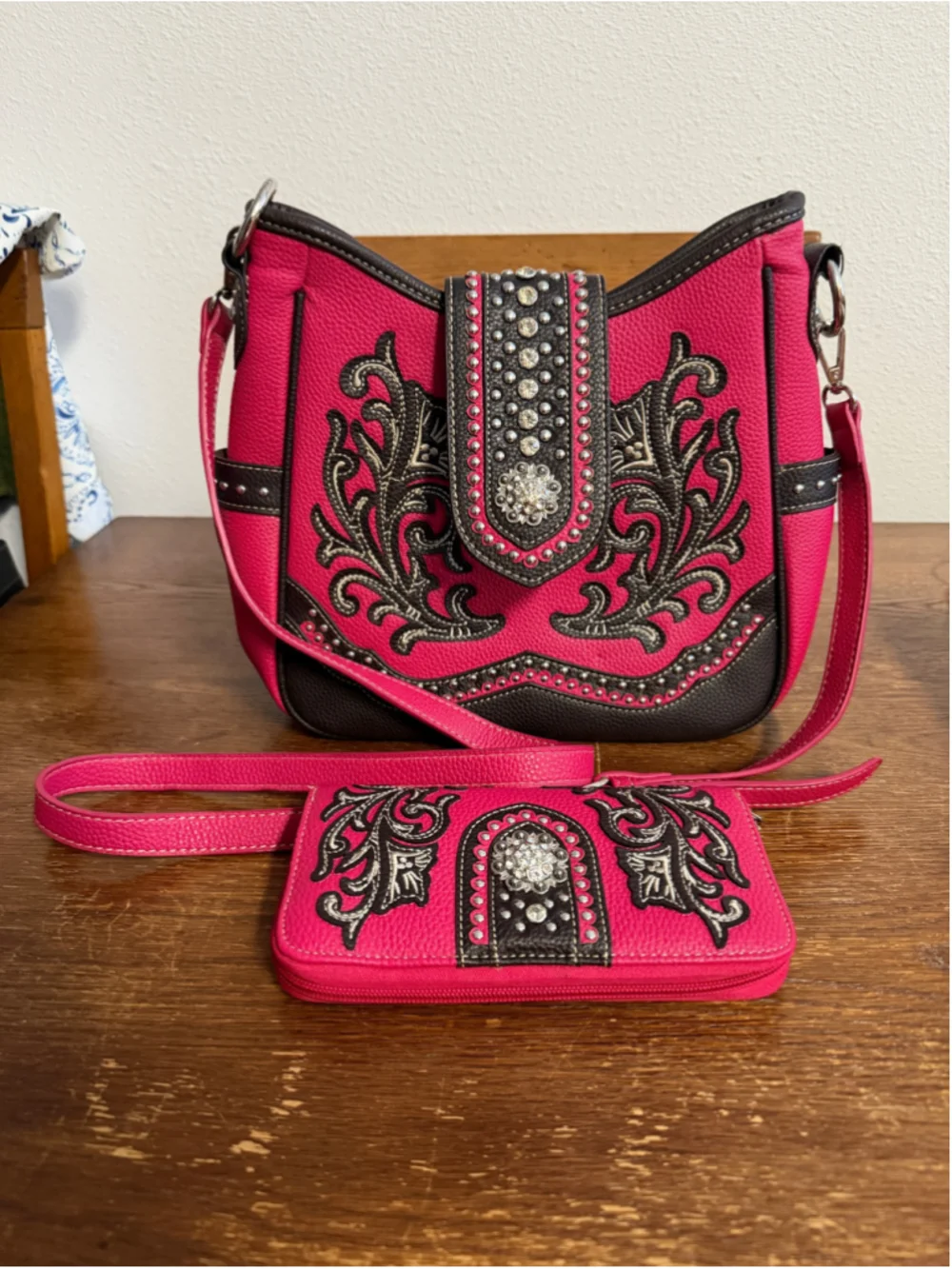 American Bling Pink Western Crossbody Purse & Matching Wallet Set Rhinestone Stu